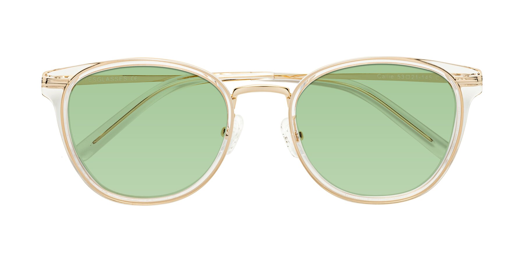 Folded Front of Callie in Clear-Gold with Medium Green Tinted Lenses