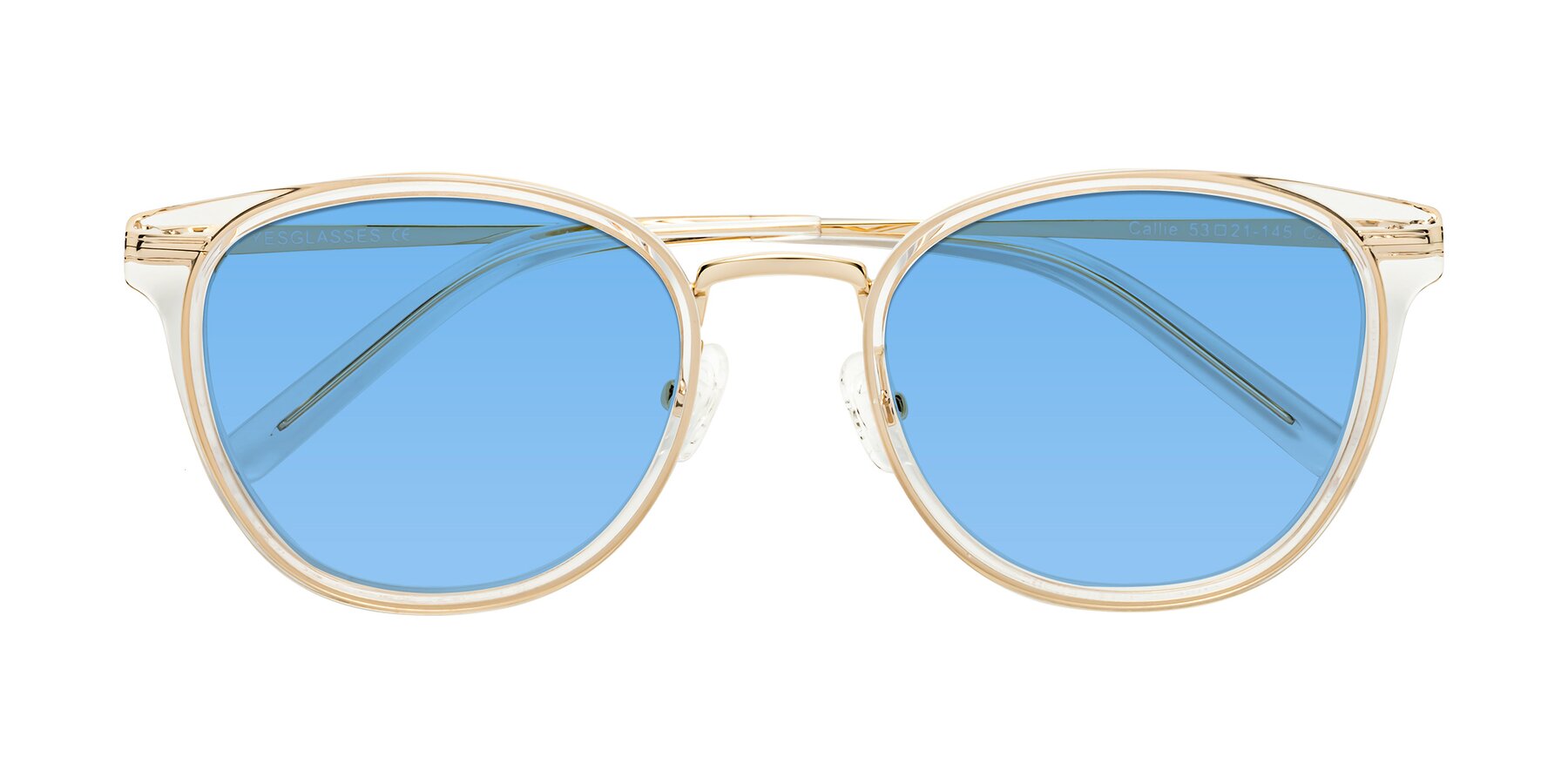 Folded Front of Callie in Clear-Gold with Medium Blue Tinted Lenses