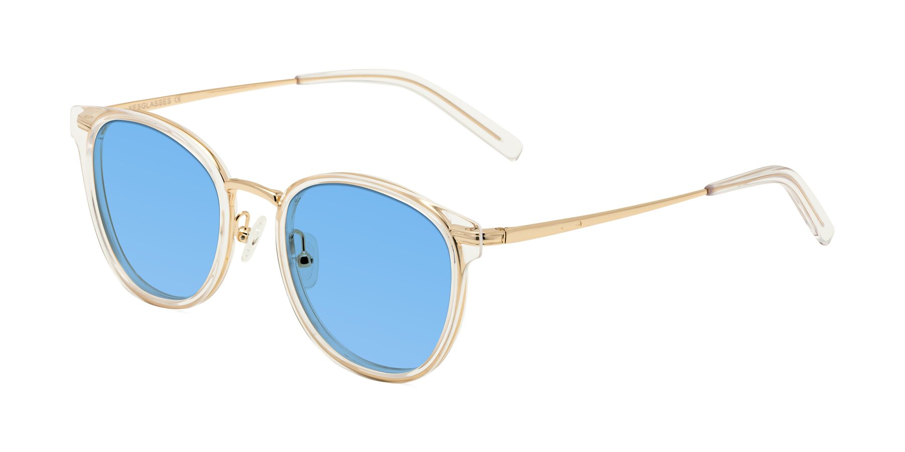 Angle of Callie in Clear-Gold with Medium Blue Tinted Lenses