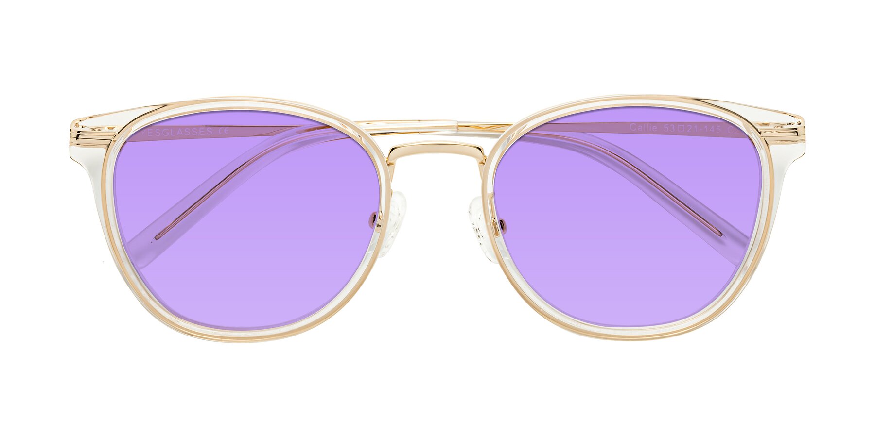 Folded Front of Callie in Clear-Gold with Medium Purple Tinted Lenses