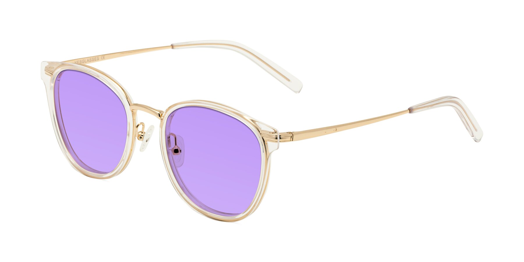 Angle of Callie in Clear-Gold with Medium Purple Tinted Lenses