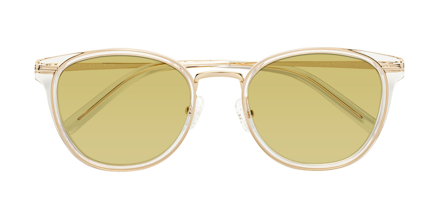 Folded Front of Callie in Clear-Gold with Medium Champagne Tinted Lenses