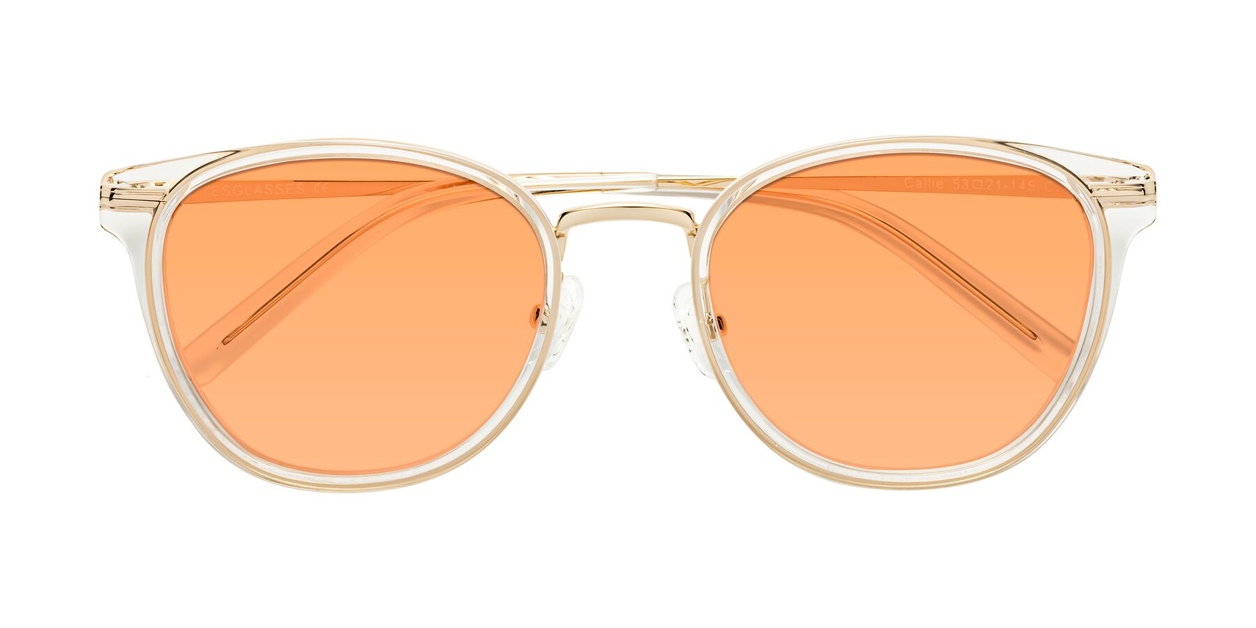 Folded Front of Callie in Clear-Gold with Medium Orange Tinted Lenses