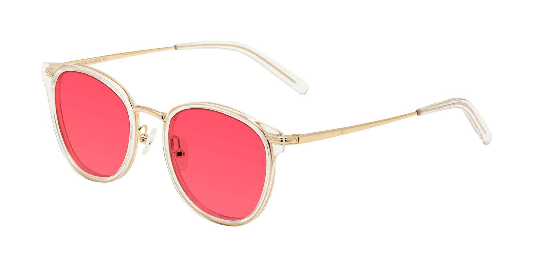 Angle of Callie in Clear-Gold with Red Tinted Lenses
