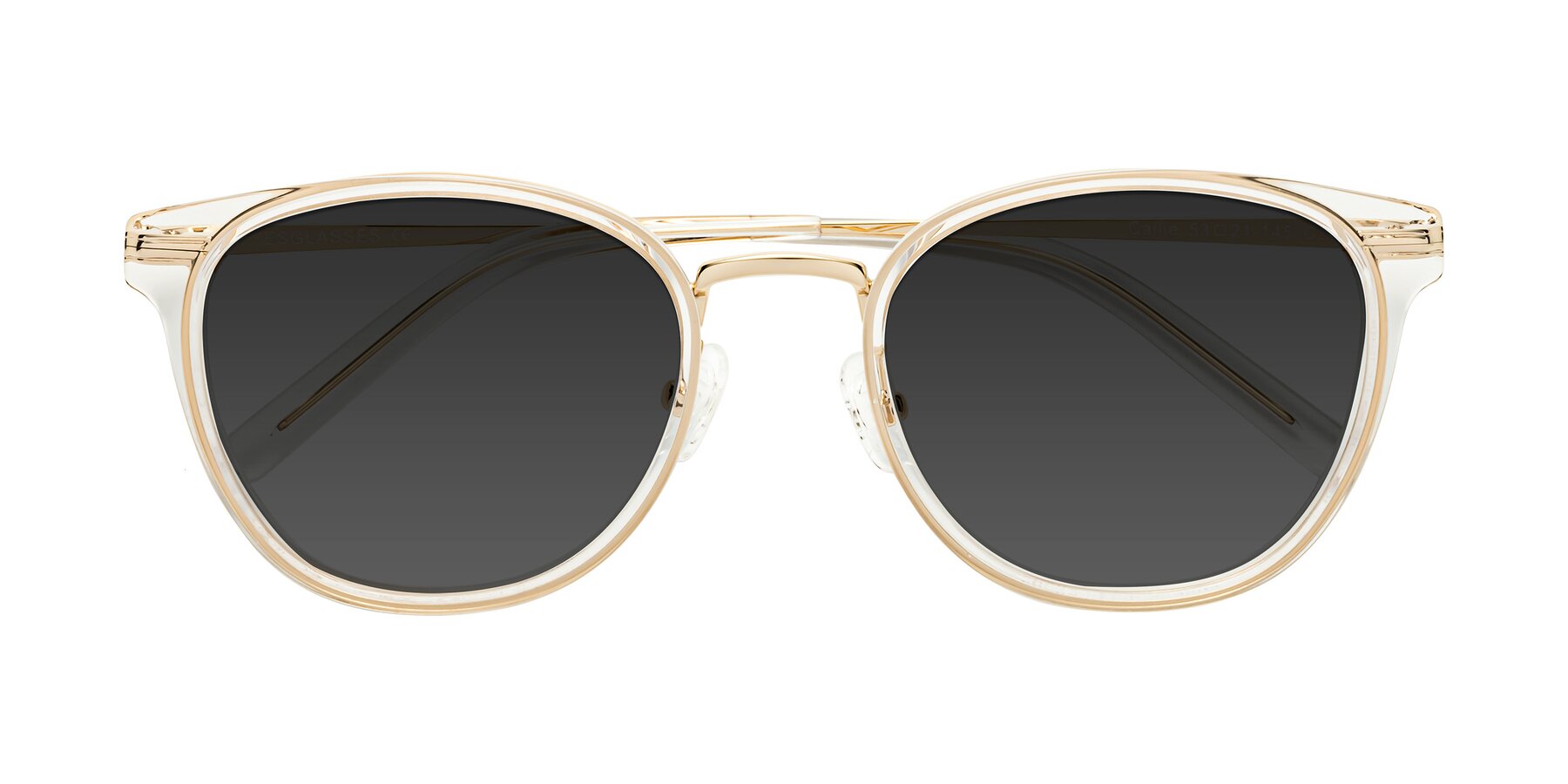 Folded Front of Callie in Clear-Gold with Gray Tinted Lenses