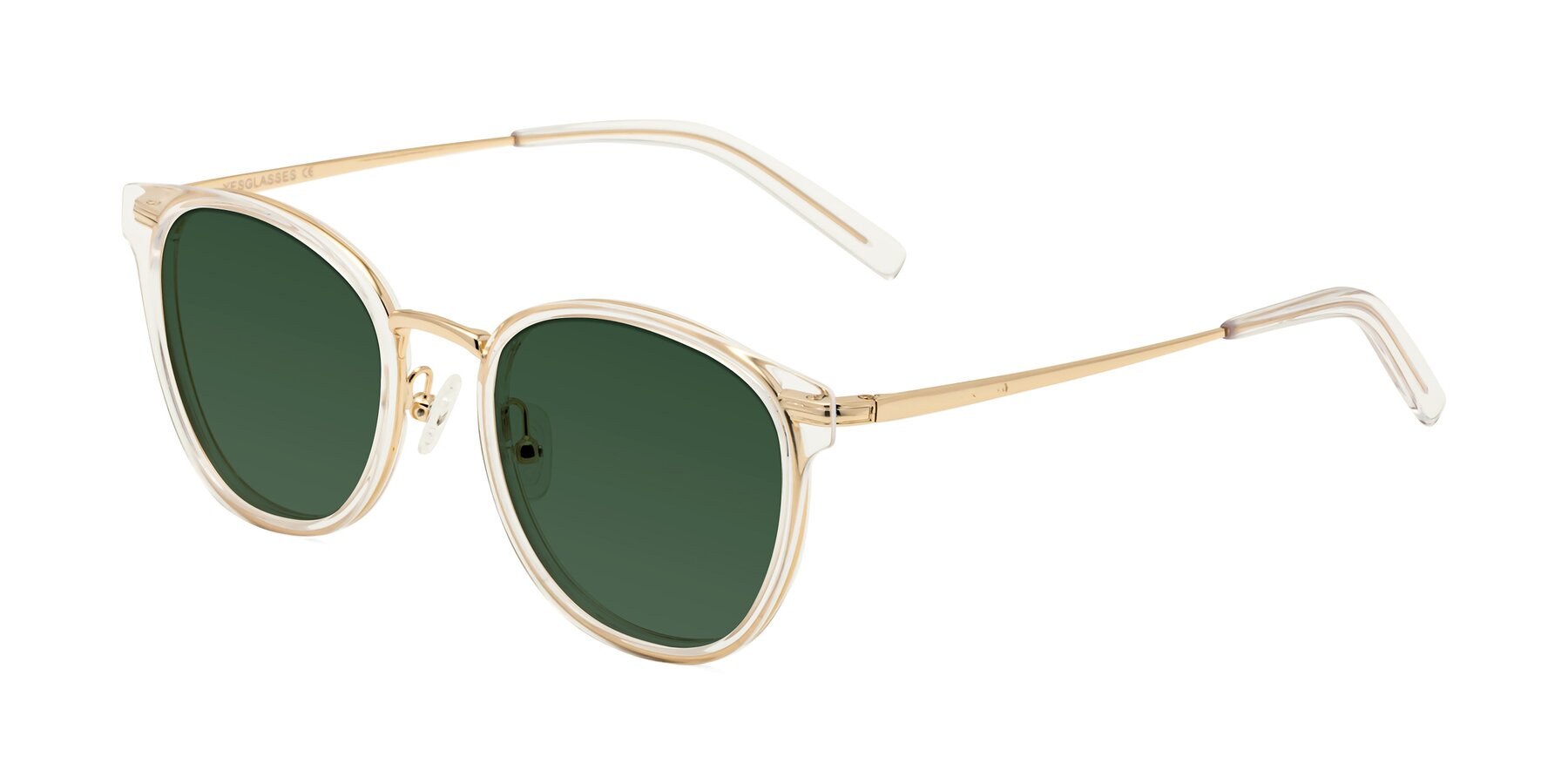 Angle of Callie in Clear-Gold with Green Tinted Lenses