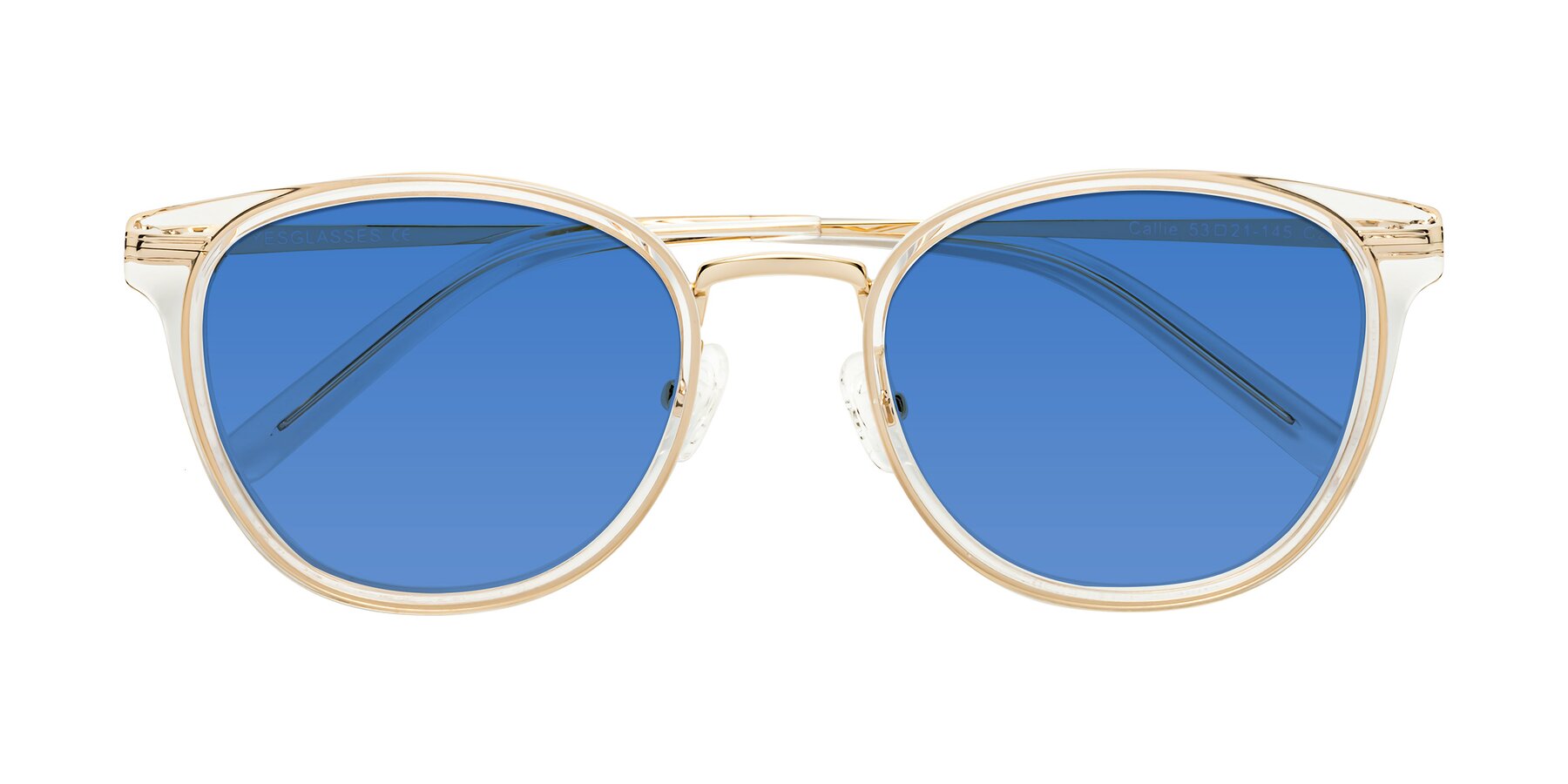 Folded Front of Callie in Clear-Gold with Blue Tinted Lenses