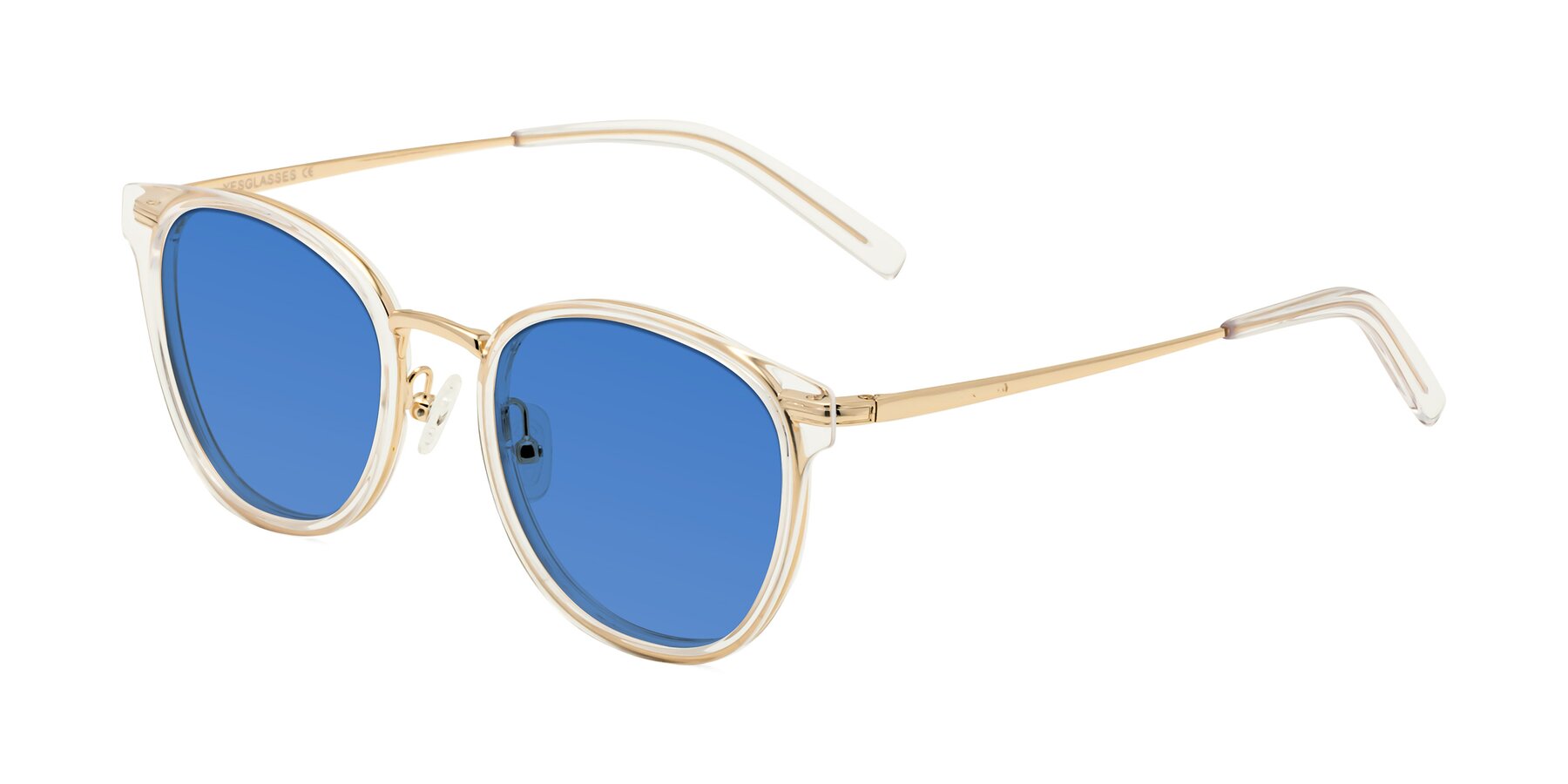 Angle of Callie in Clear-Gold with Blue Tinted Lenses