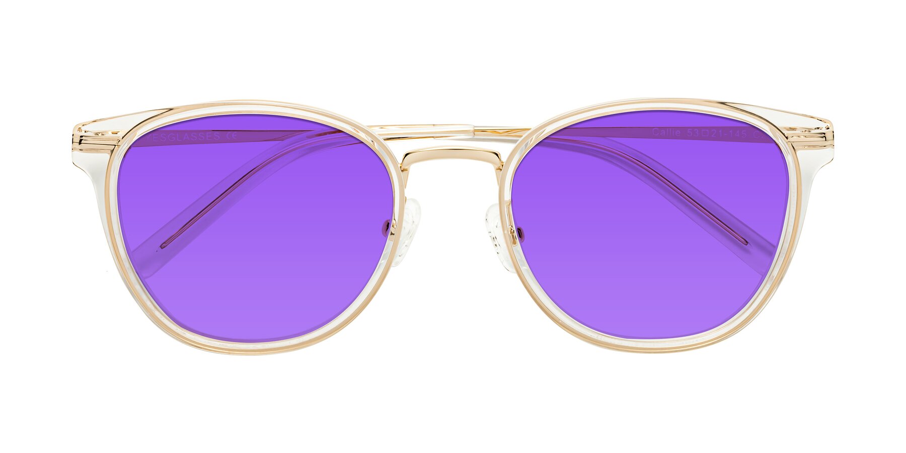 Folded Front of Callie in Clear-Gold with Purple Tinted Lenses