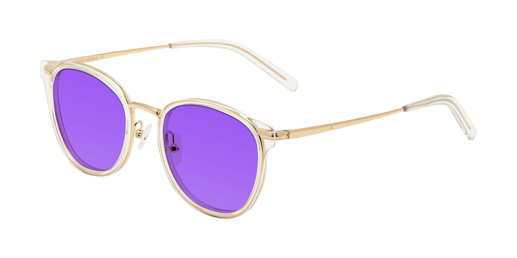 Angle of Callie in Clear-Gold with Purple Tinted Lenses