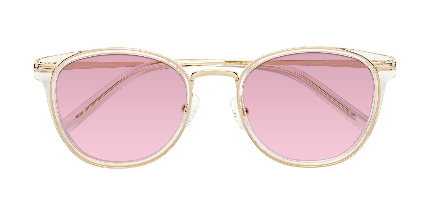 Folded Front of Callie in Clear-Gold with Light Wine Tinted Lenses