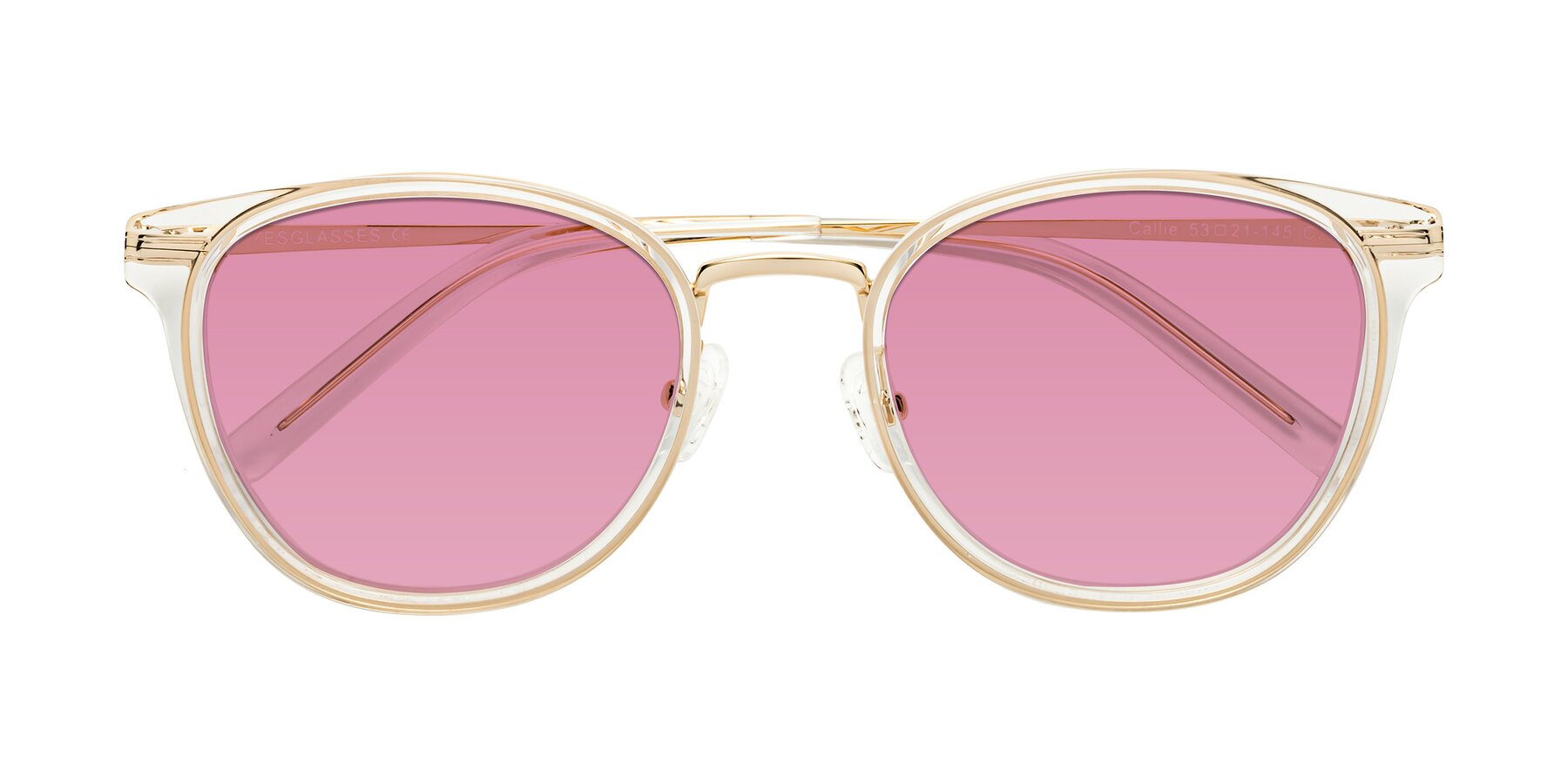 Folded Front of Callie in Clear-Gold with Medium Wine Tinted Lenses