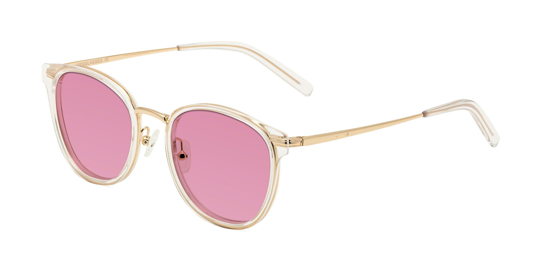 Angle of Callie in Clear-Gold with Medium Wine Tinted Lenses