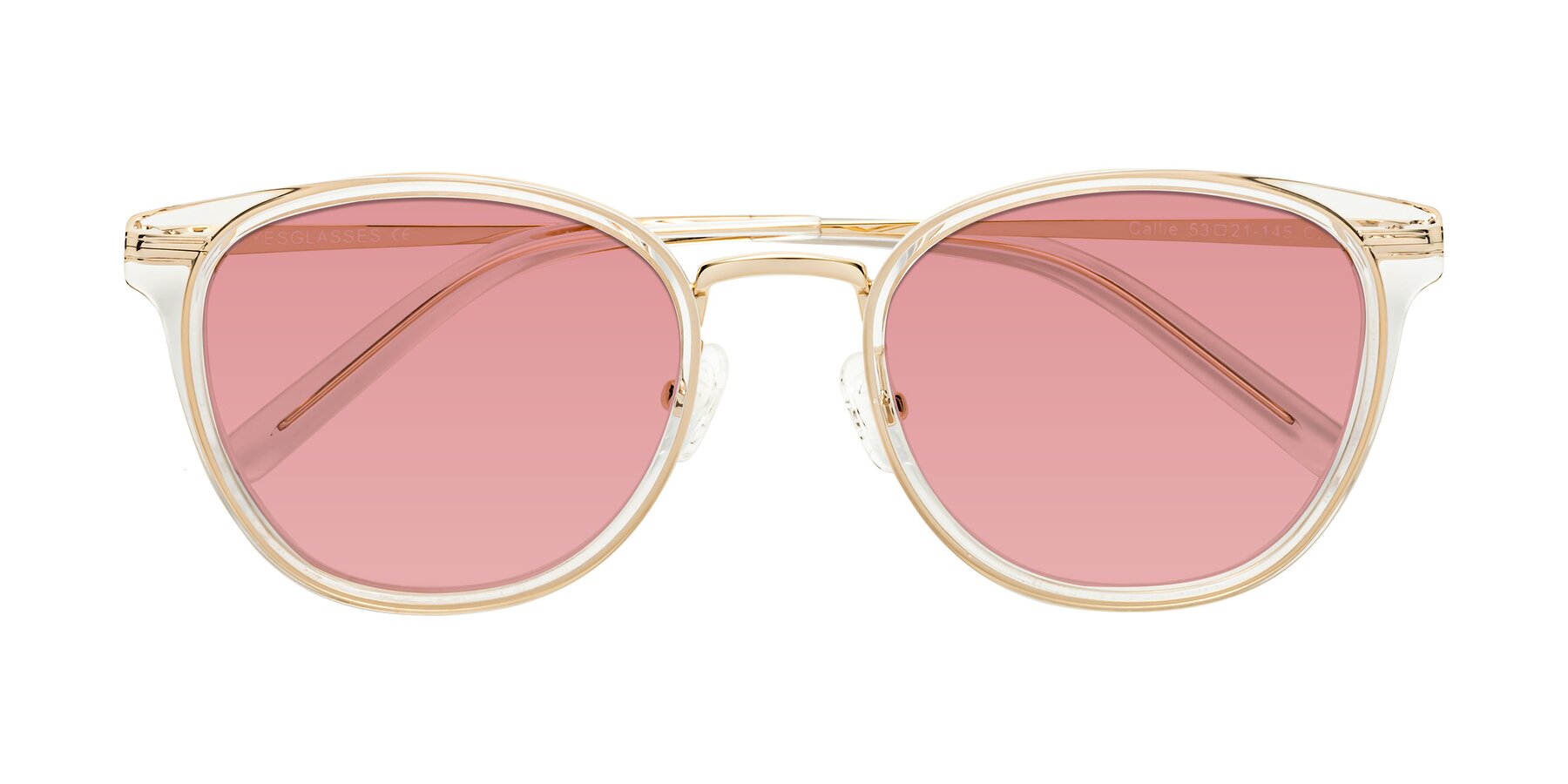 Folded Front of Callie in Clear-Gold with Medium Garnet Tinted Lenses