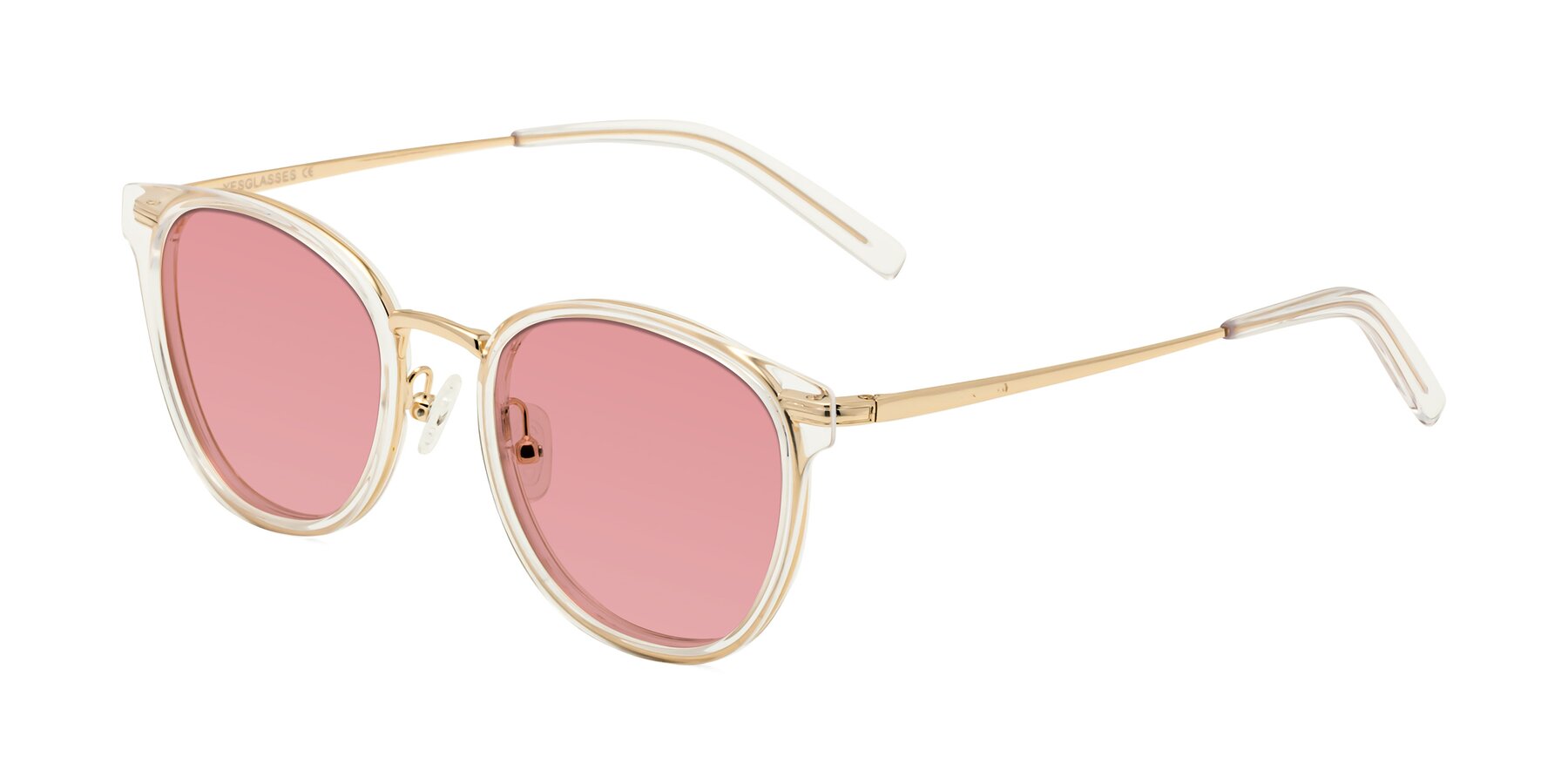 Angle of Callie in Clear-Gold with Medium Garnet Tinted Lenses