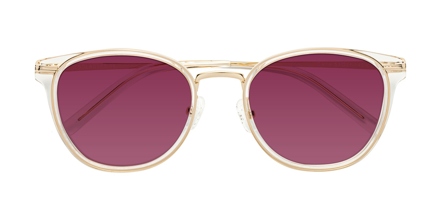 Folded Front of Callie in Clear-Gold with Wine Tinted Lenses