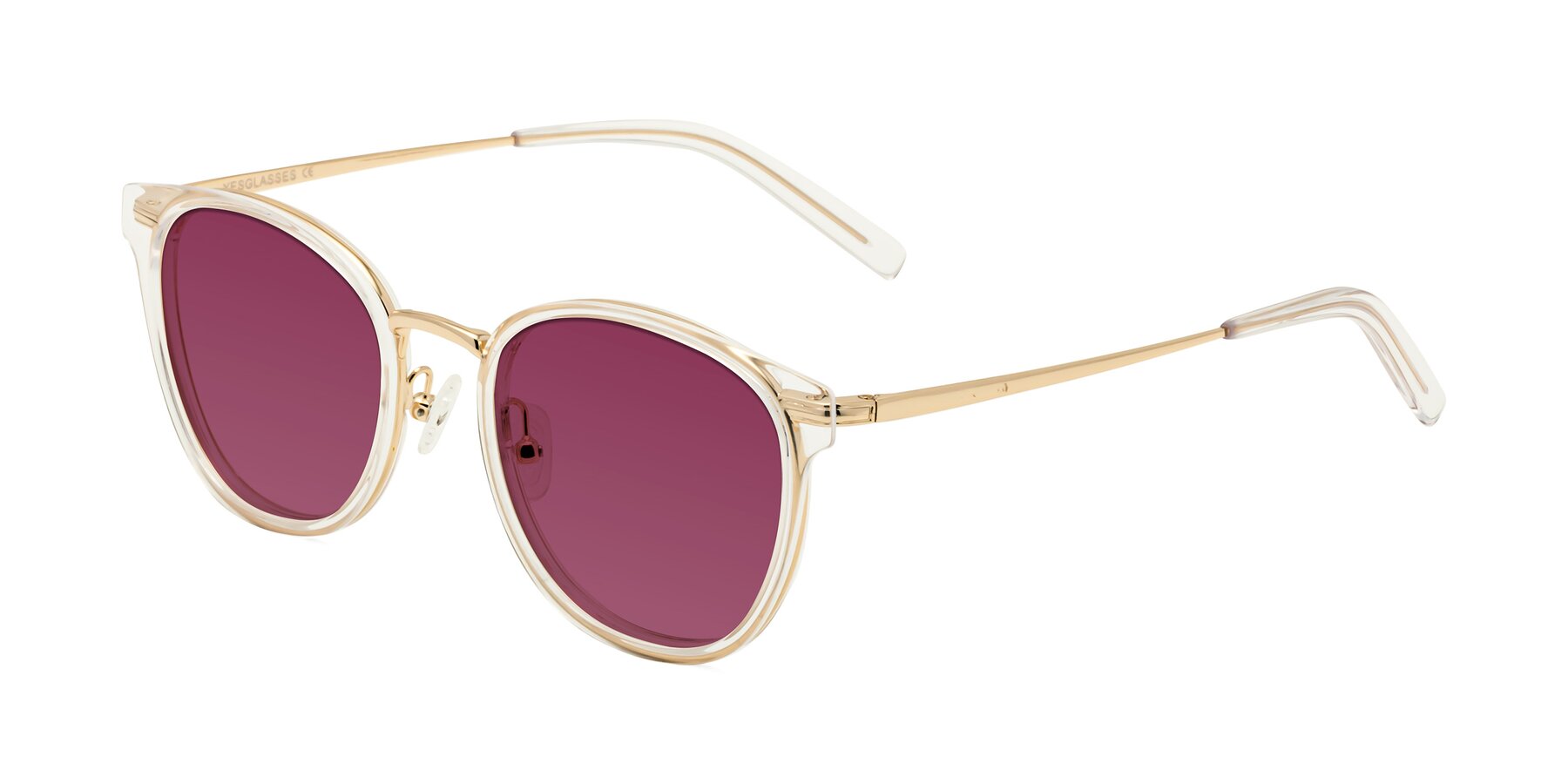 Angle of Callie in Clear-Gold with Wine Tinted Lenses