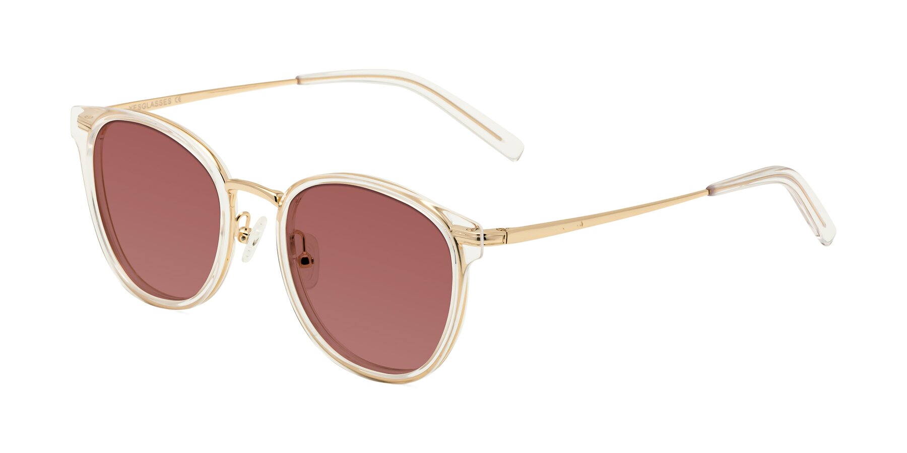 Angle of Callie in Clear-Gold with Garnet Tinted Lenses