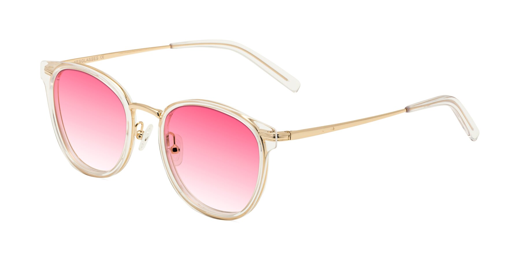 Angle of Callie in Clear-Gold with Pink Gradient Lenses