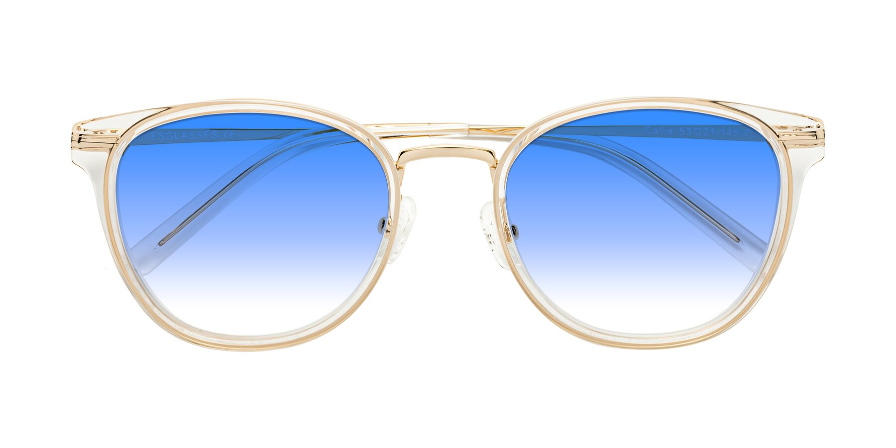 Folded Front of Callie in Clear-Gold with Blue Gradient Lenses