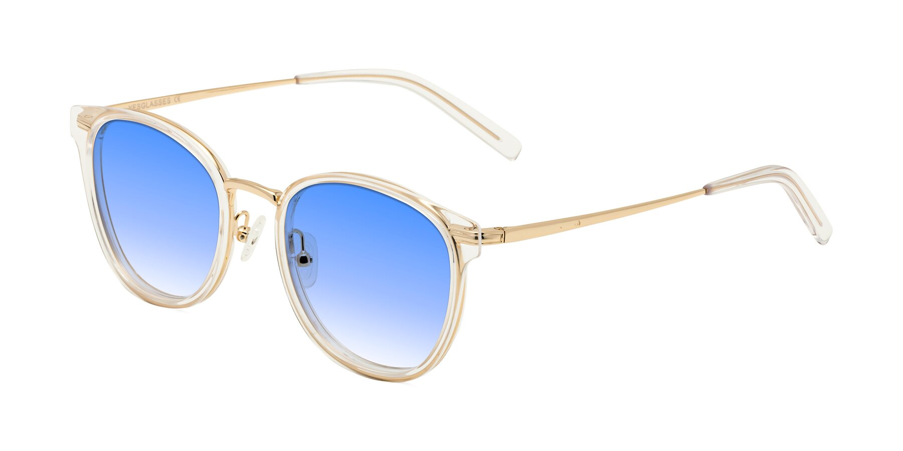 Angle of Callie in Clear-Gold with Blue Gradient Lenses