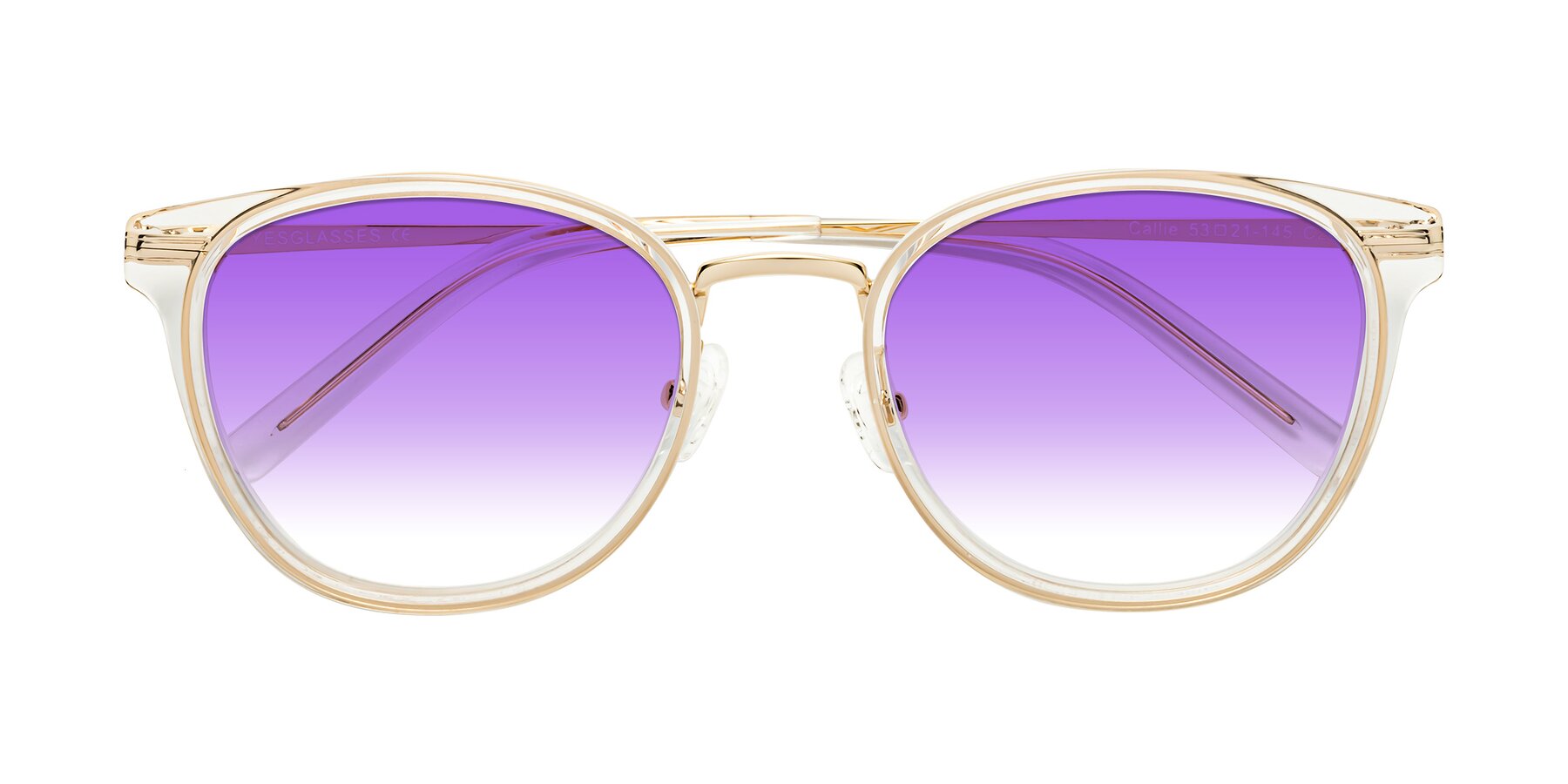 Folded Front of Callie in Clear-Gold with Purple Gradient Lenses