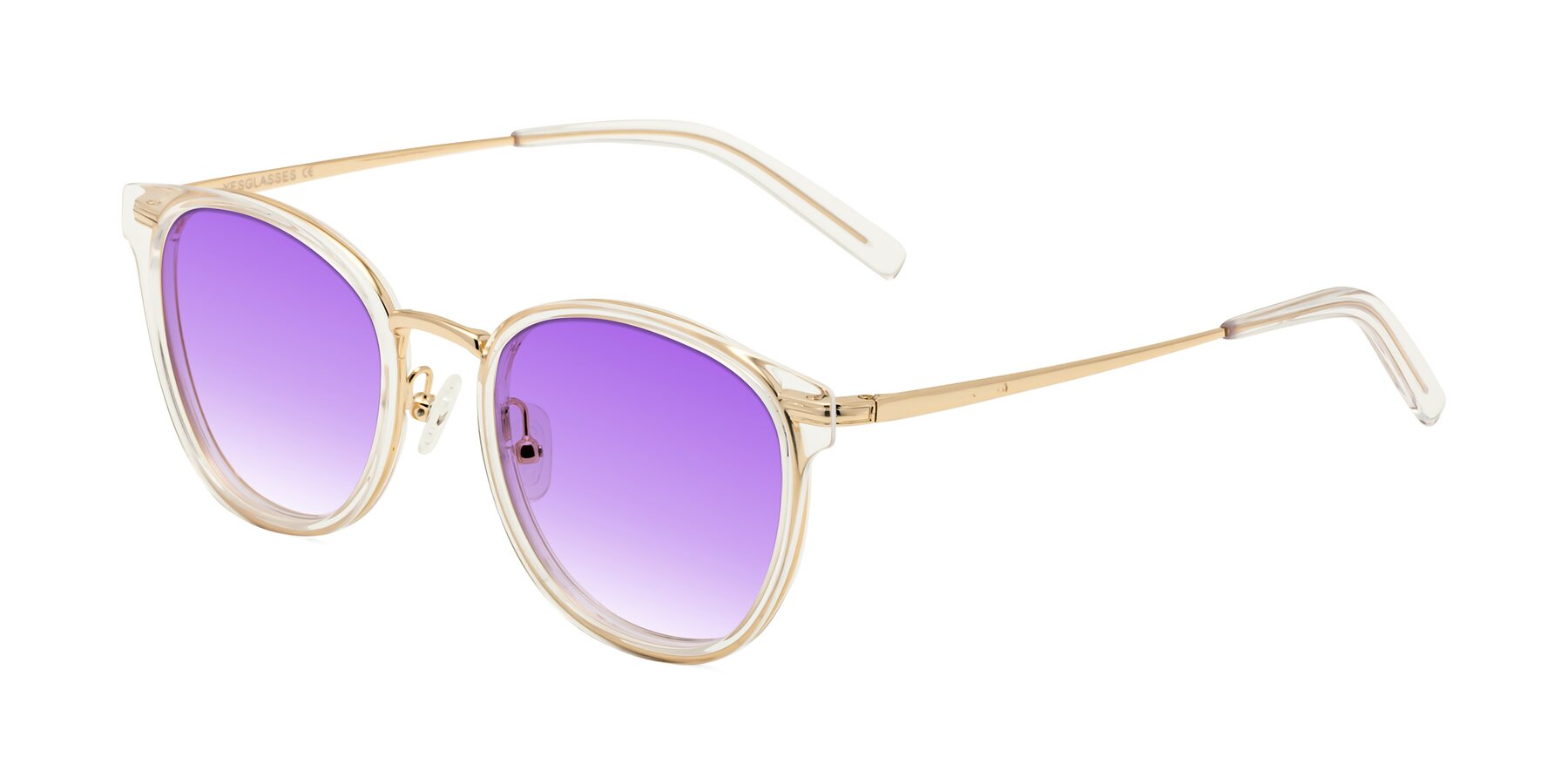Angle of Callie in Clear-Gold with Purple Gradient Lenses