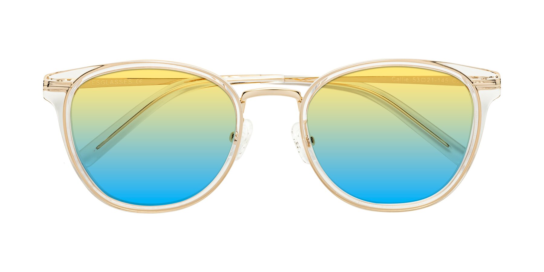 Folded Front of Callie in Clear-Gold with Yellow / Blue Gradient Lenses