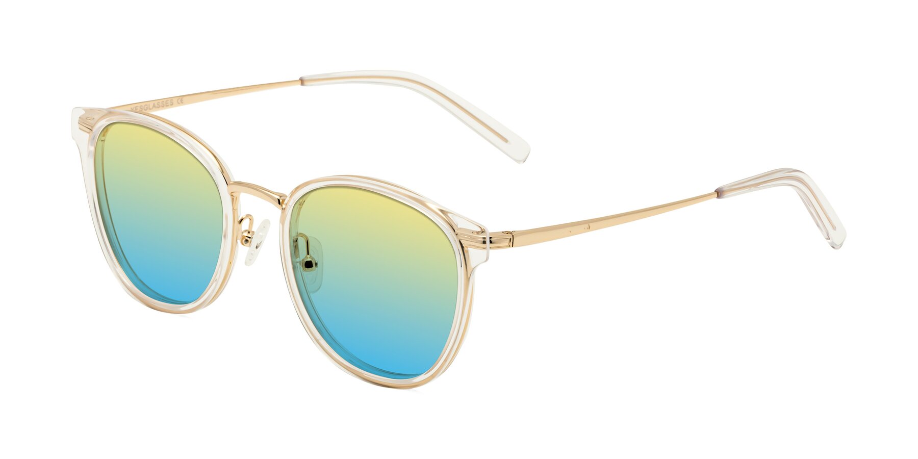 Angle of Callie in Clear-Gold with Yellow / Blue Gradient Lenses