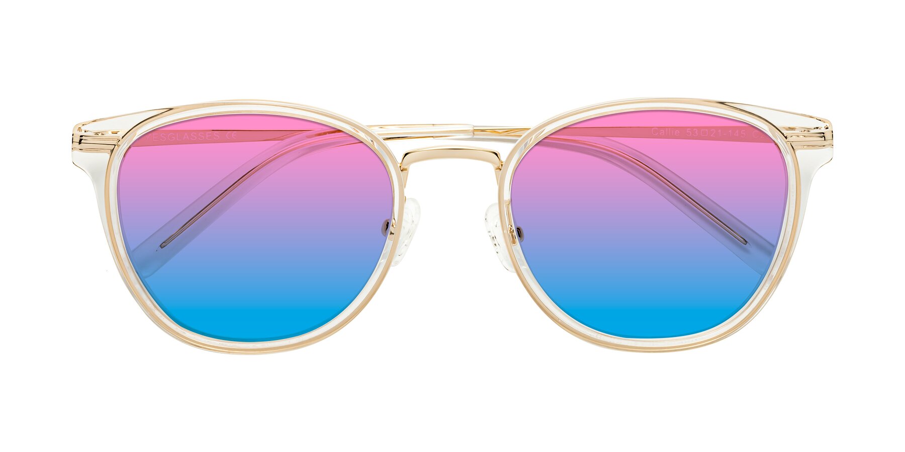 Folded Front of Callie in Clear-Gold with Pink / Blue Gradient Lenses