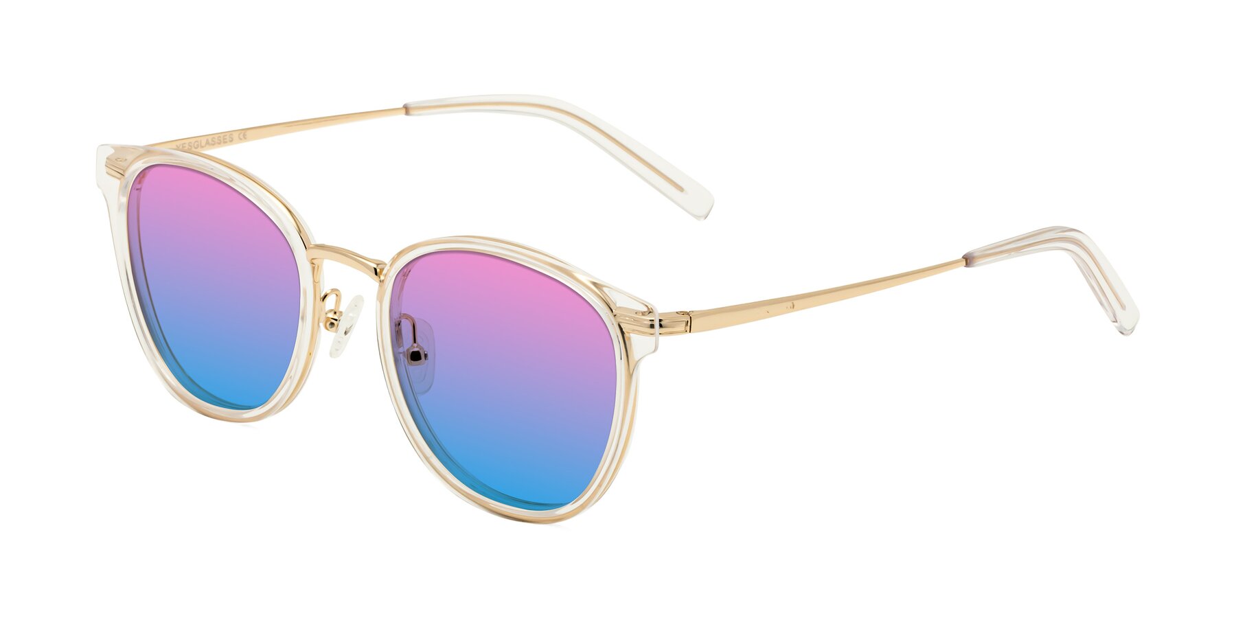 Angle of Callie in Clear-Gold with Pink / Blue Gradient Lenses