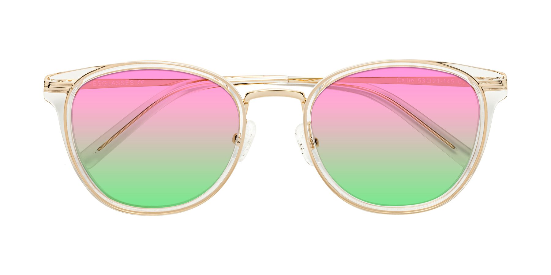 Folded Front of Callie in Clear-Gold with Pink / Green Gradient Lenses