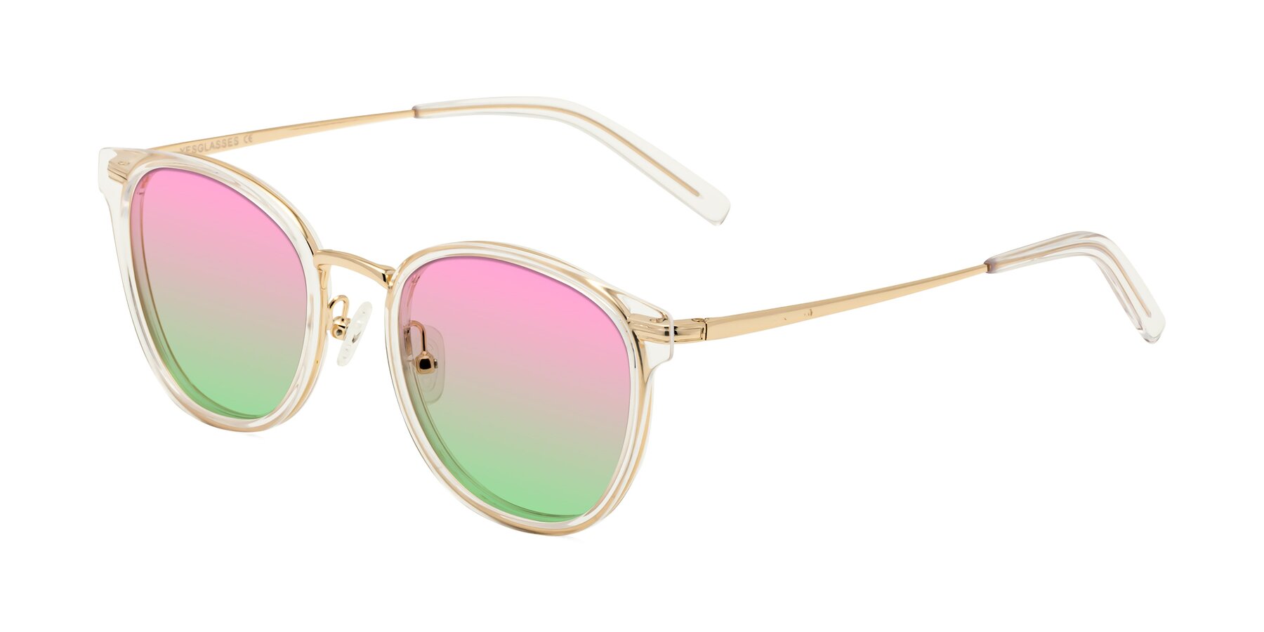 Angle of Callie in Clear-Gold with Pink / Green Gradient Lenses