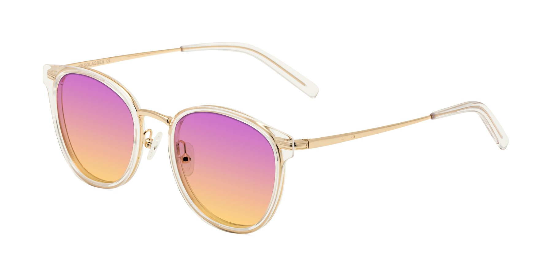 Angle of Callie in Clear-Gold with Purple / Yellow Gradient Lenses