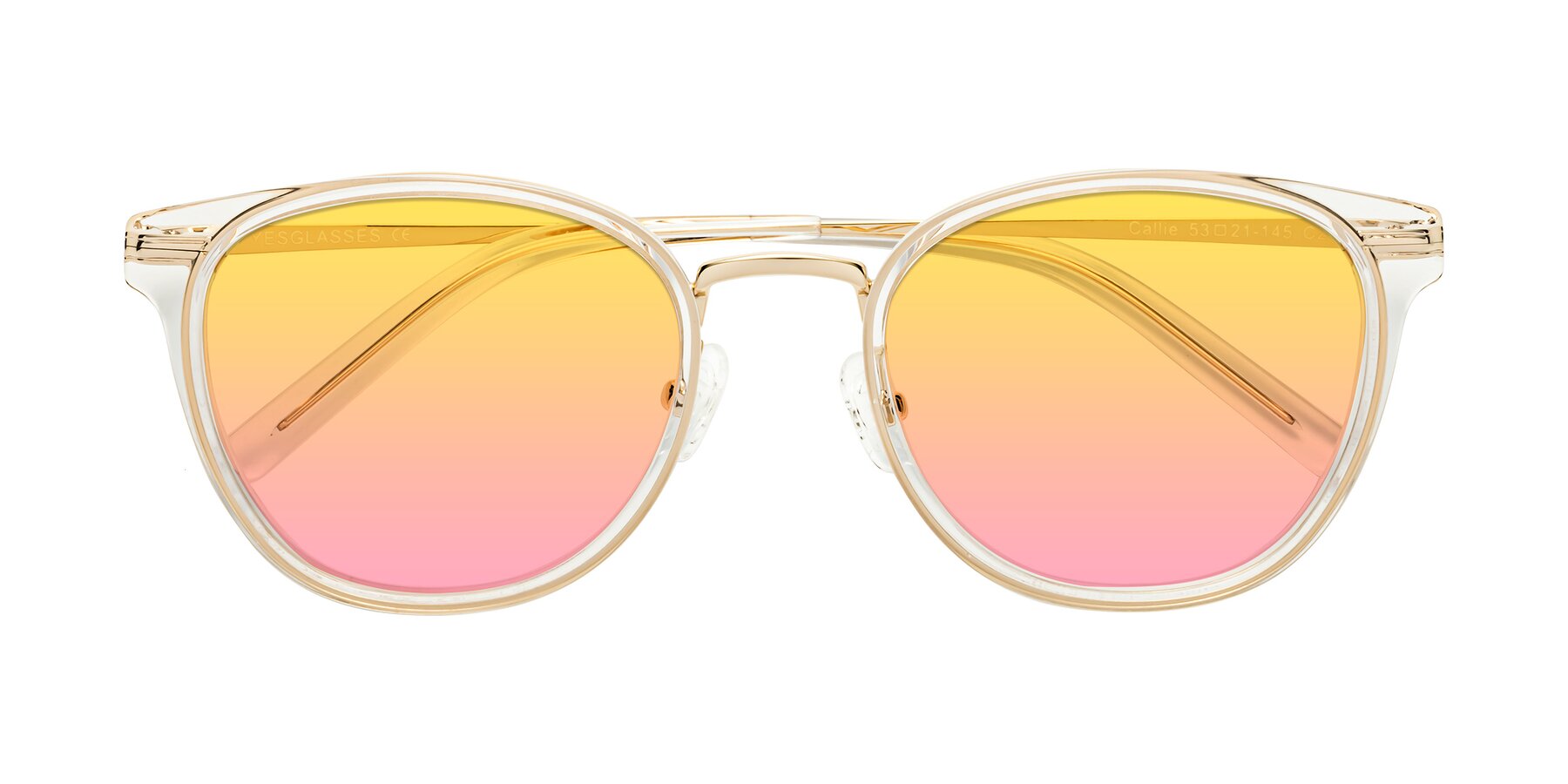 Folded Front of Callie in Clear-Gold with Yellow / Pink Gradient Lenses