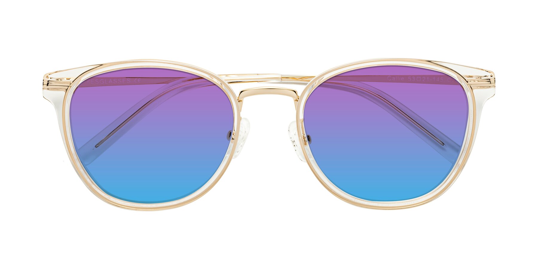 Folded Front of Callie in Clear-Gold with Purple / Blue Gradient Lenses
