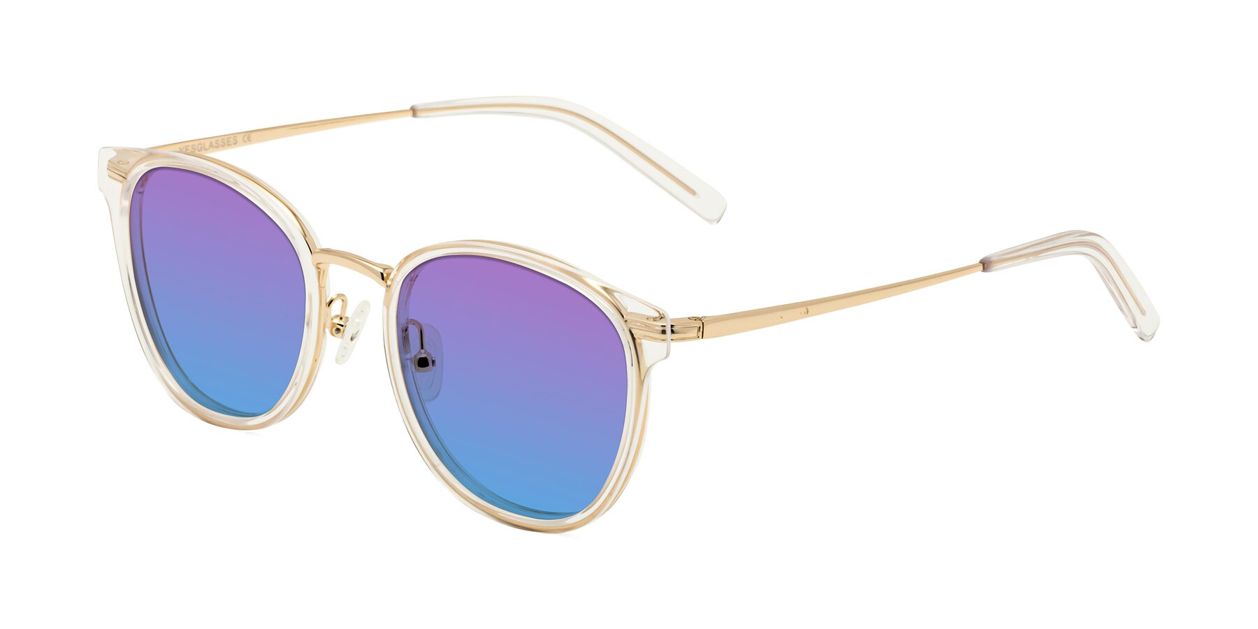 Angle of Callie in Clear-Gold with Purple / Blue Gradient Lenses