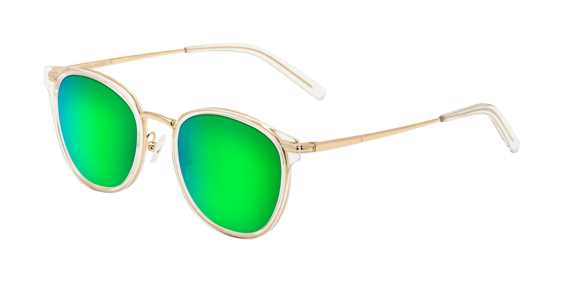 Angle of Callie in Clear-Gold with Green Mirrored Lenses