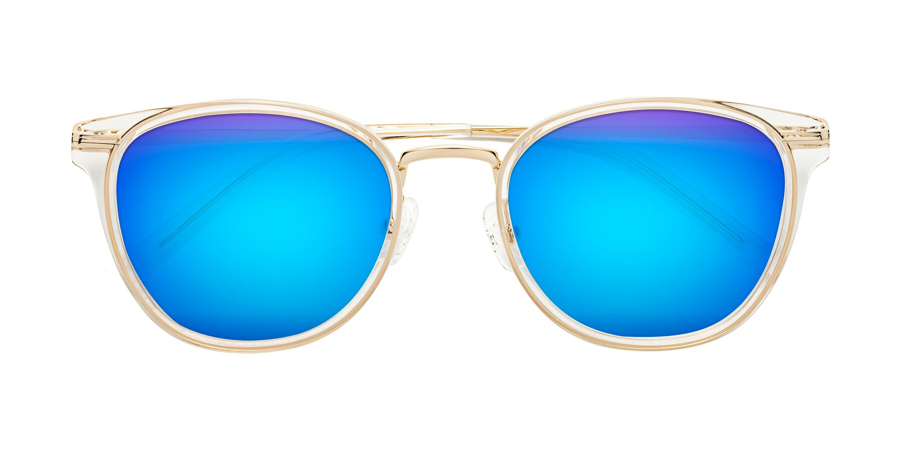 Folded Front of Callie in Clear-Gold with Blue Mirrored Lenses