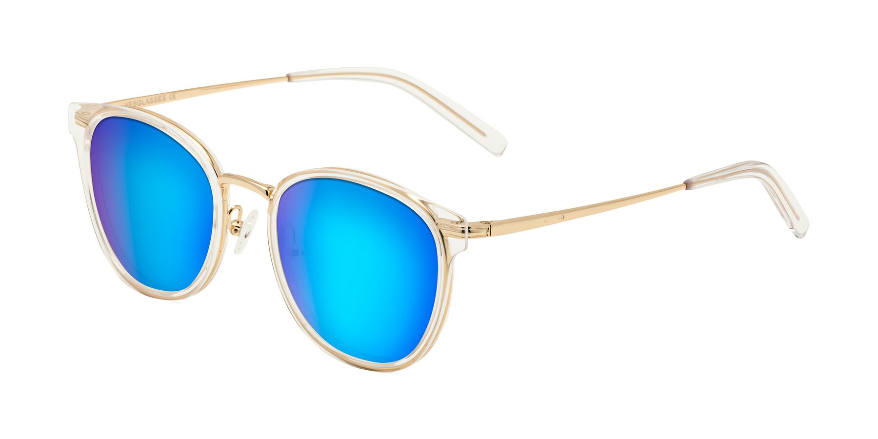 Angle of Callie in Clear-Gold with Blue Mirrored Lenses