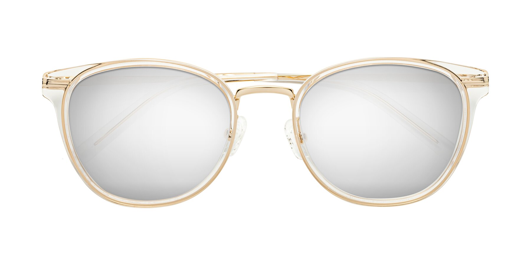 Folded Front of Callie in Clear-Gold with Silver Mirrored Lenses