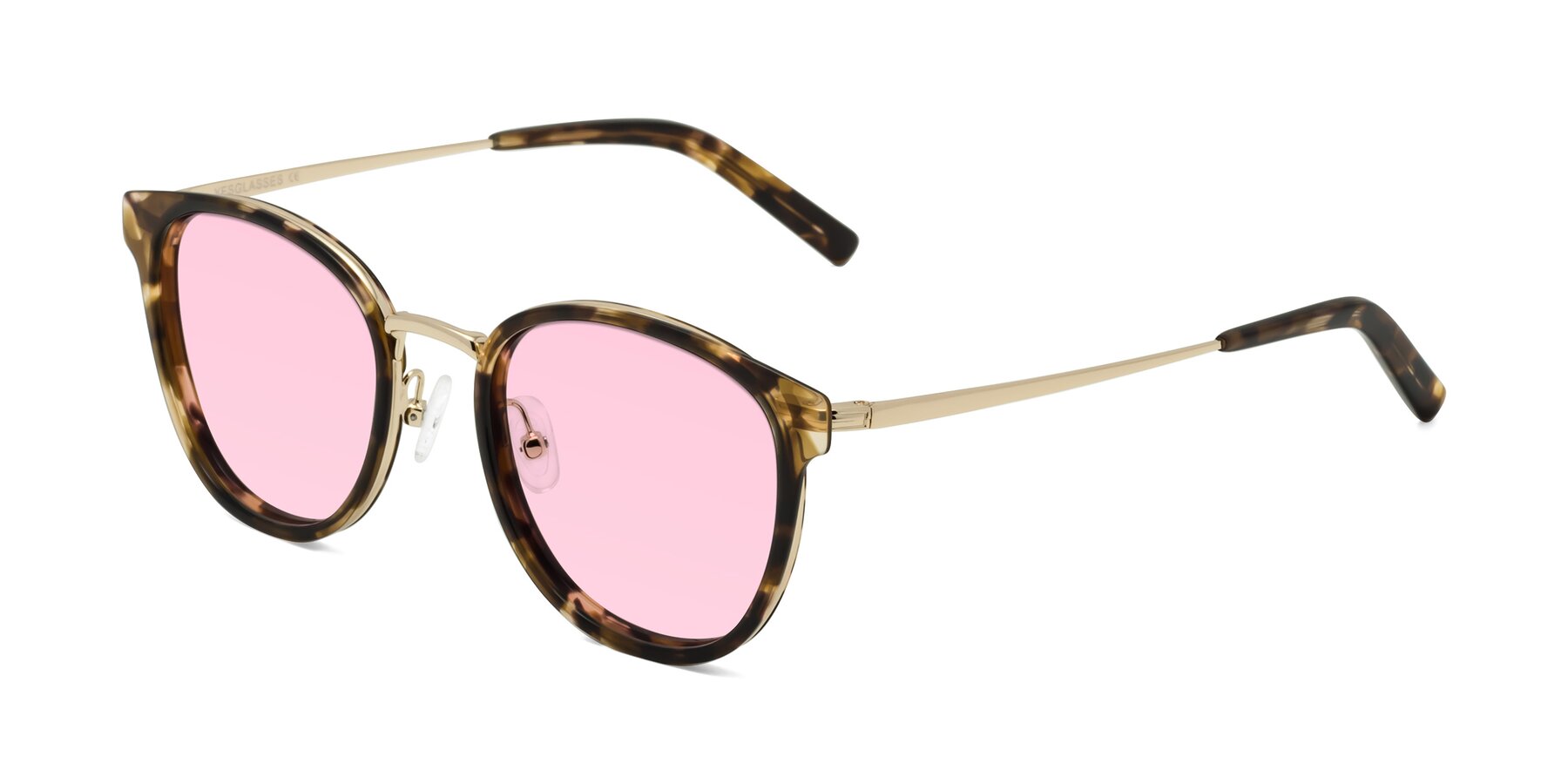 Angle of Callie in Tortoise-Gold with Light Pink Tinted Lenses
