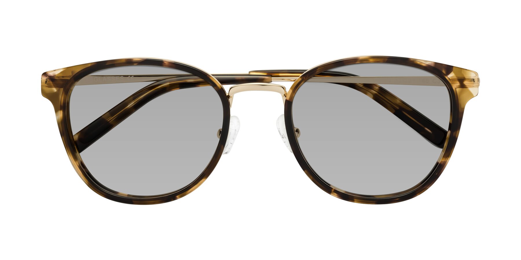 Folded Front of Callie in Tortoise-Gold with Light Gray Tinted Lenses