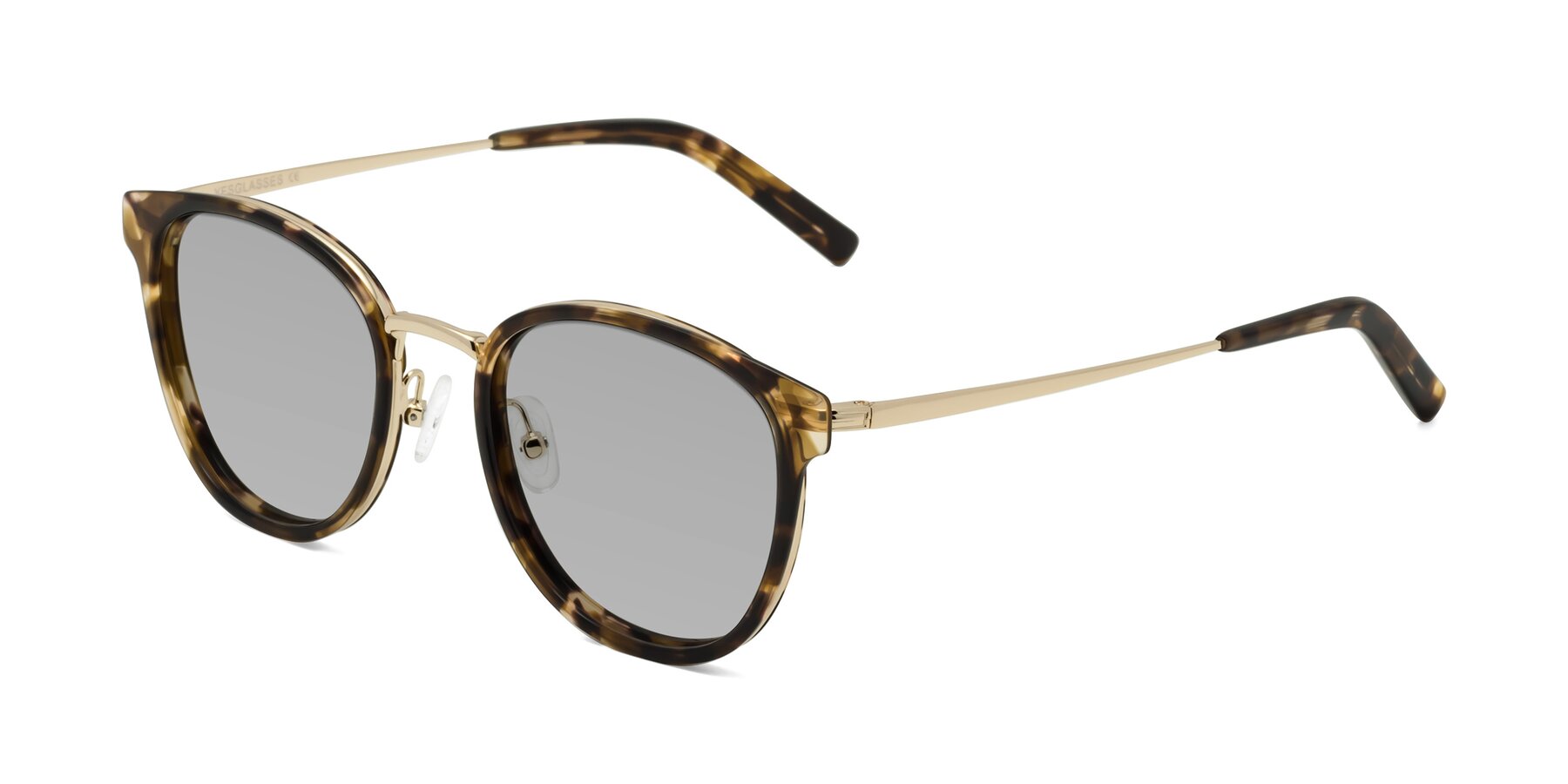 Angle of Callie in Tortoise-Gold with Light Gray Tinted Lenses