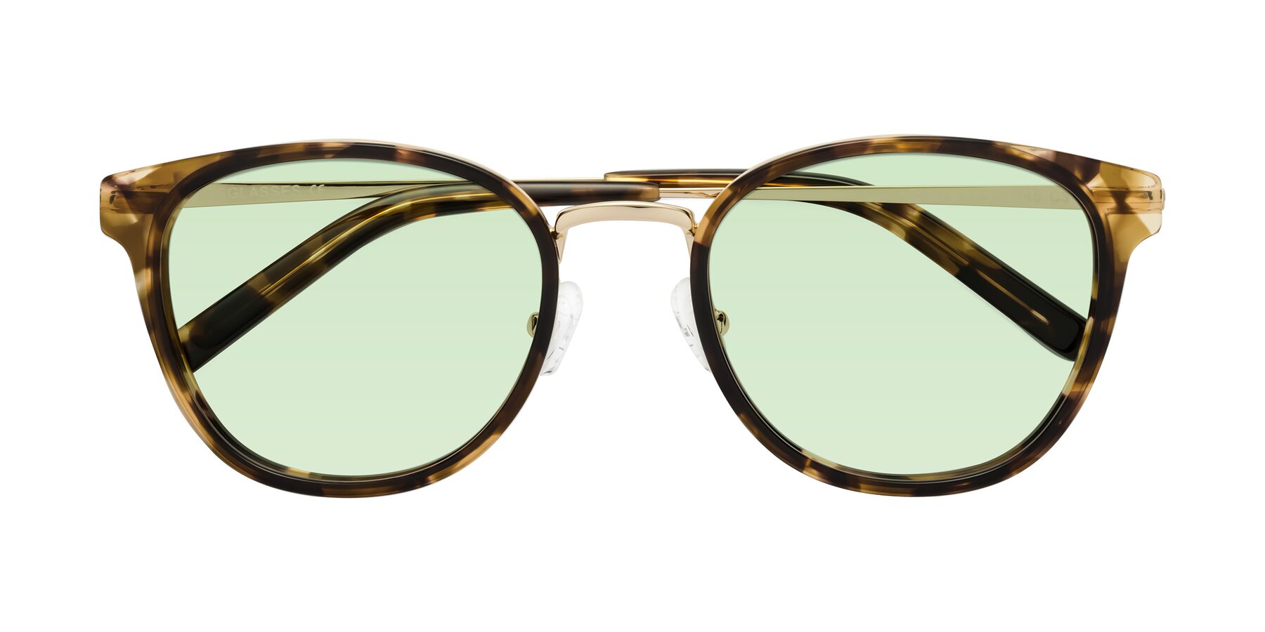 Folded Front of Callie in Tortoise-Gold with Light Green Tinted Lenses