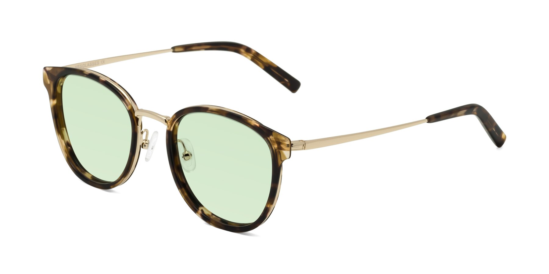 Angle of Callie in Tortoise-Gold with Light Green Tinted Lenses