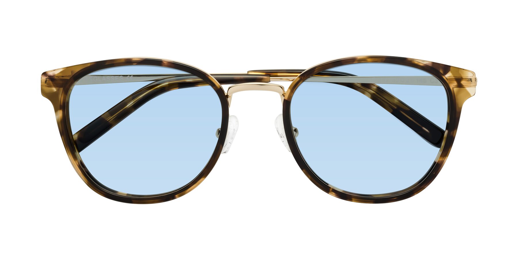 Folded Front of Callie in Tortoise-Gold with Light Blue Tinted Lenses