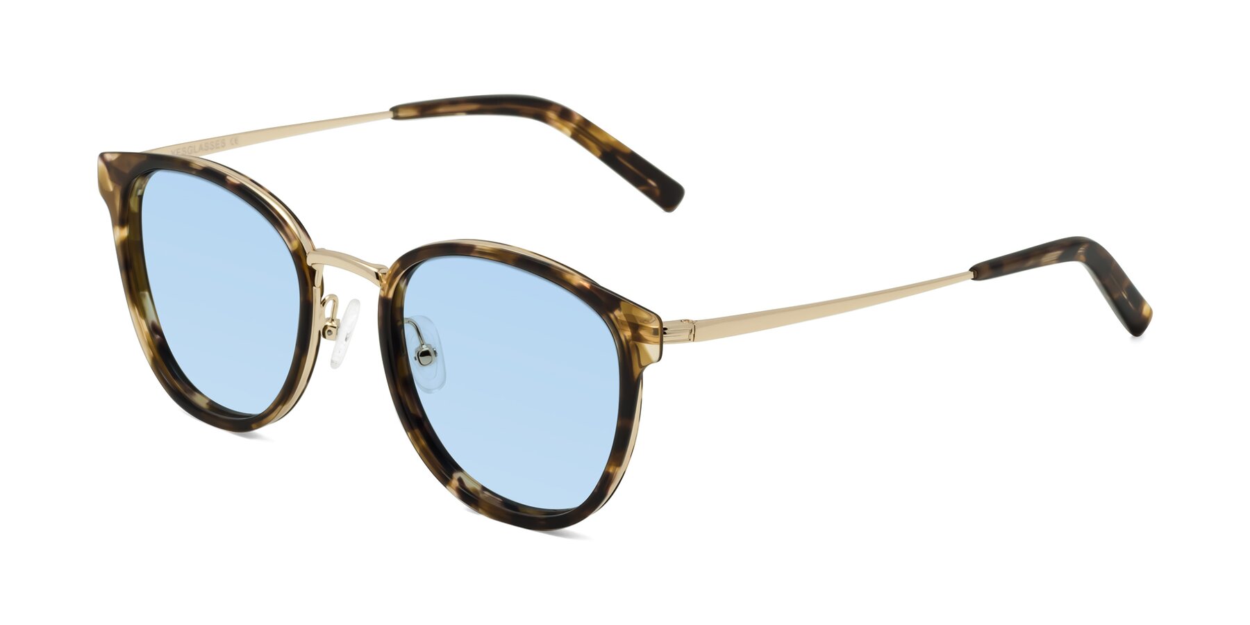 Angle of Callie in Tortoise-Gold with Light Blue Tinted Lenses