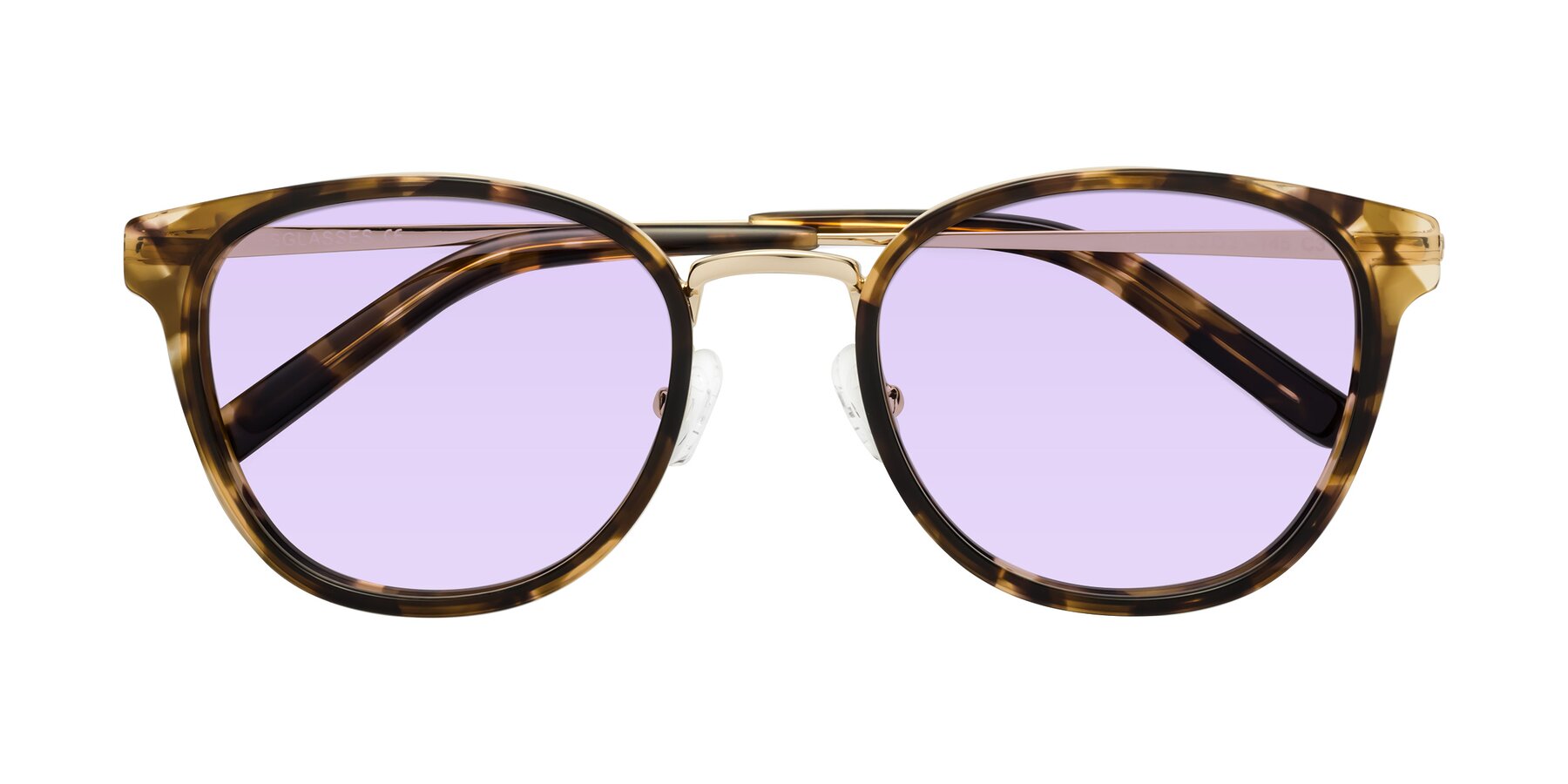 Folded Front of Callie in Tortoise-Gold with Light Purple Tinted Lenses