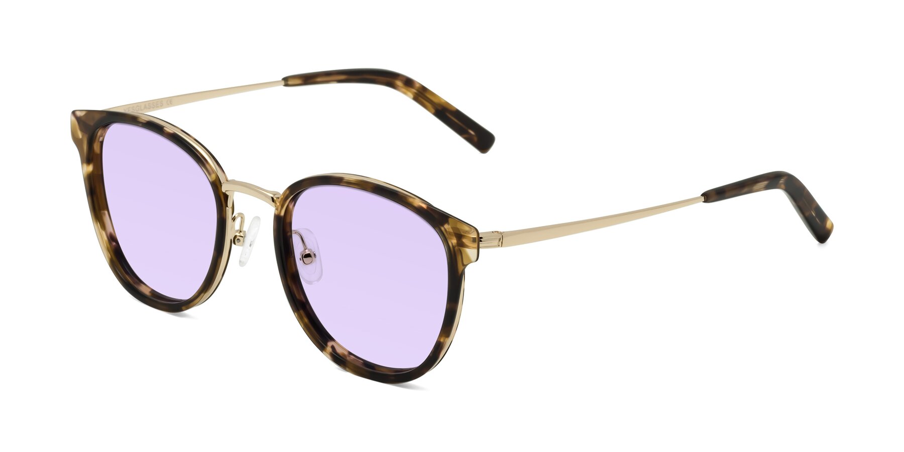 Angle of Callie in Tortoise-Gold with Light Purple Tinted Lenses